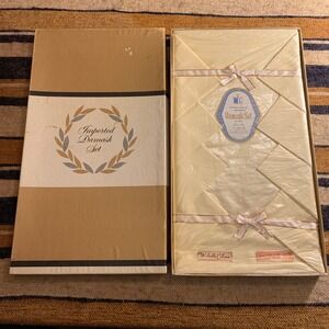 Imported Damask Set Cotton Rayon 60x90 8/16 B H Yellow VTG Tablecloth Napkins